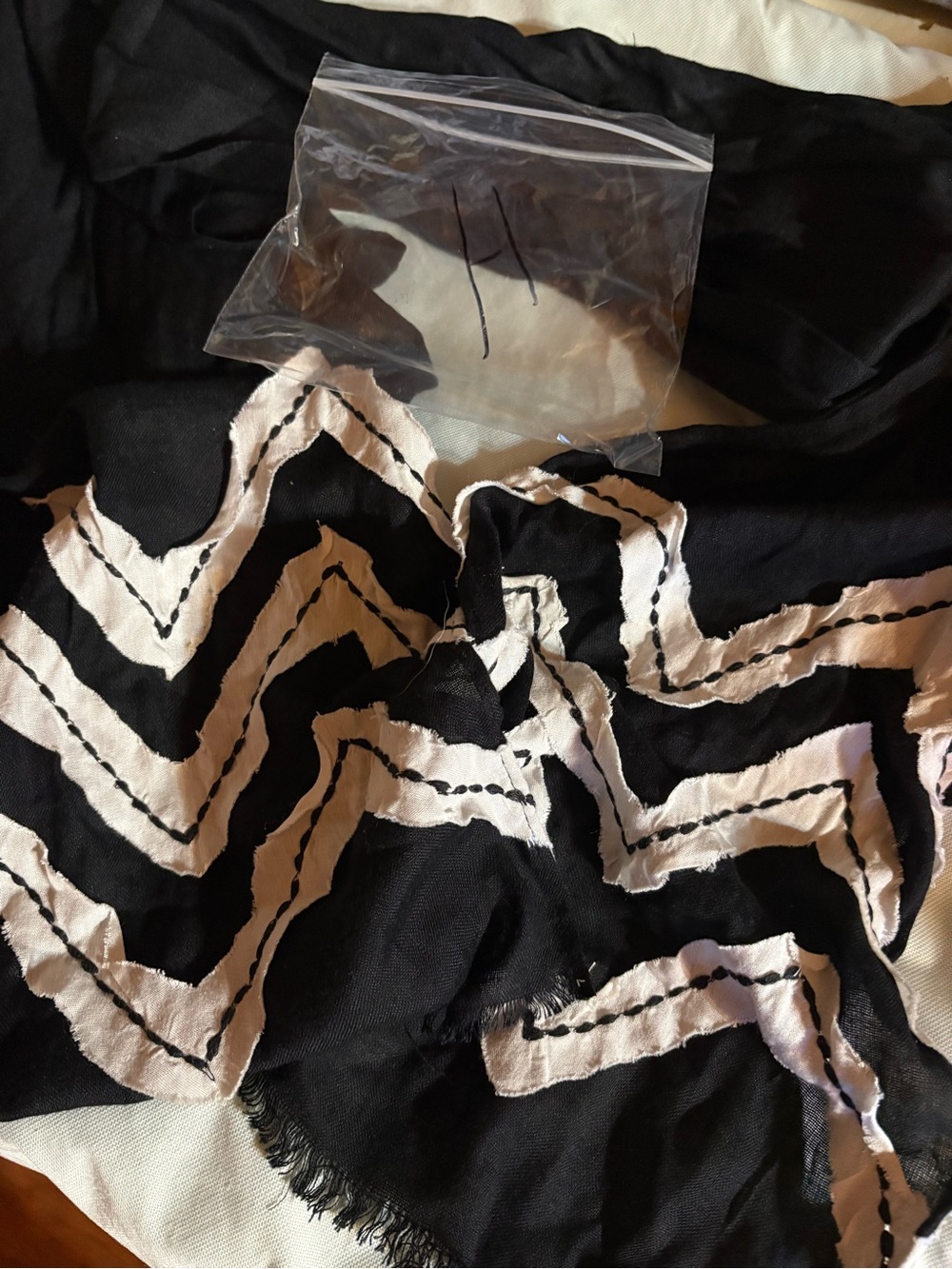 Black Scarf with White Zigzag Stitch Detail